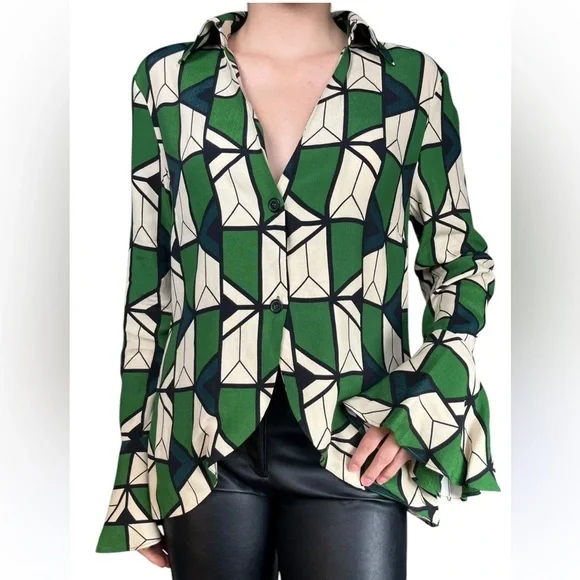 Zara Green Black Cream Geometric Printed Collared V-neckline Blouse Size Large - Picture 1 of 16